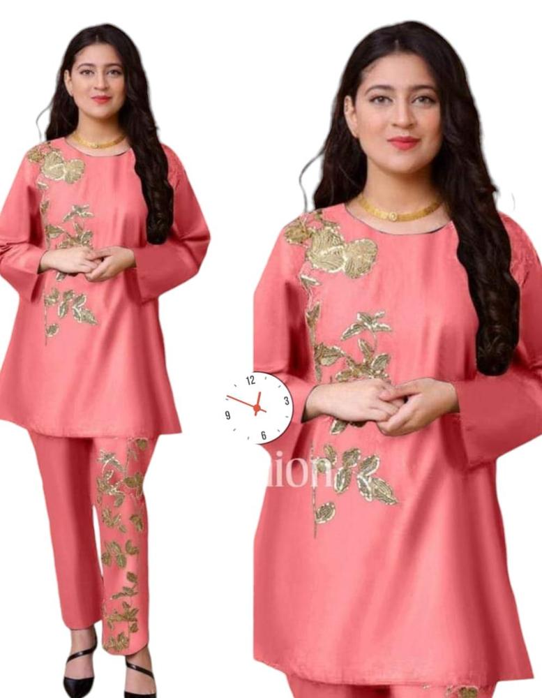 2 Pcs Women's Linen Stitched Embroidered Shirt and Trouser