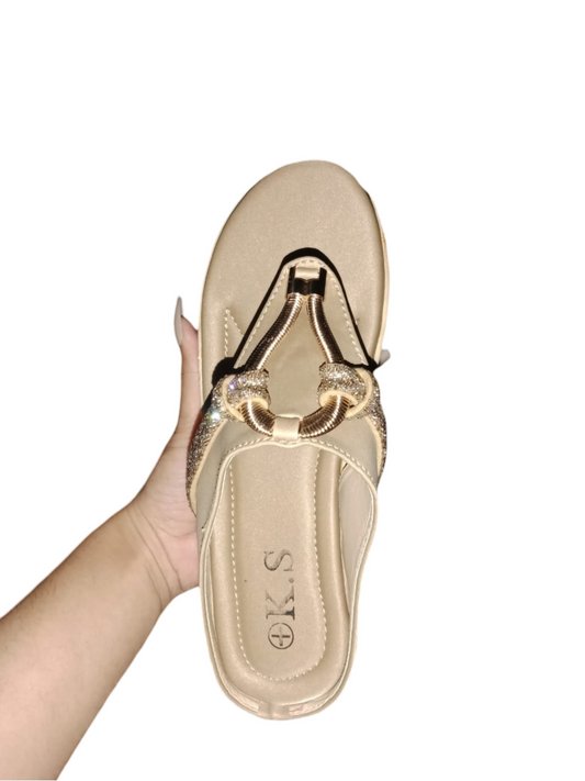 Women's Metallic Beige Color T-Strap Slip-On Sandals – Stylish & Comfortable Flat Sandals for Casual & Party Wear