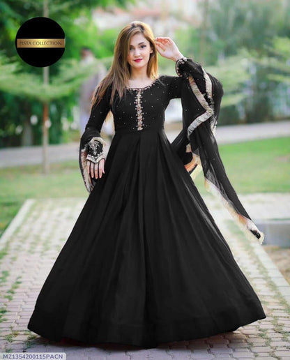 Stylish woman 3piece stitched mexi suit in black chiffon with embroidered detail