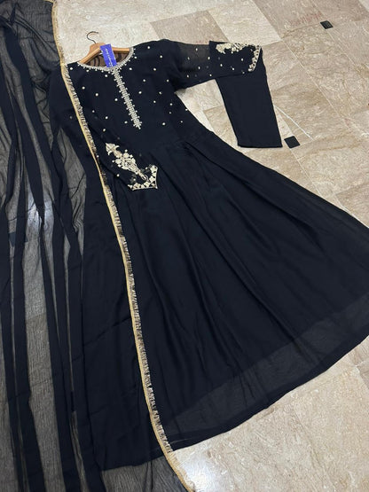 Stylish woman 3piece stitched mexi suit in black chiffon with embroidered detail