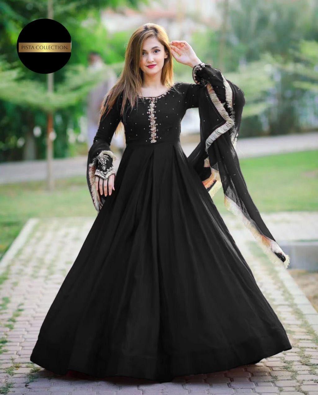 Stylish woman 3piece stitched mexi suit in black chiffon with embroidered detail