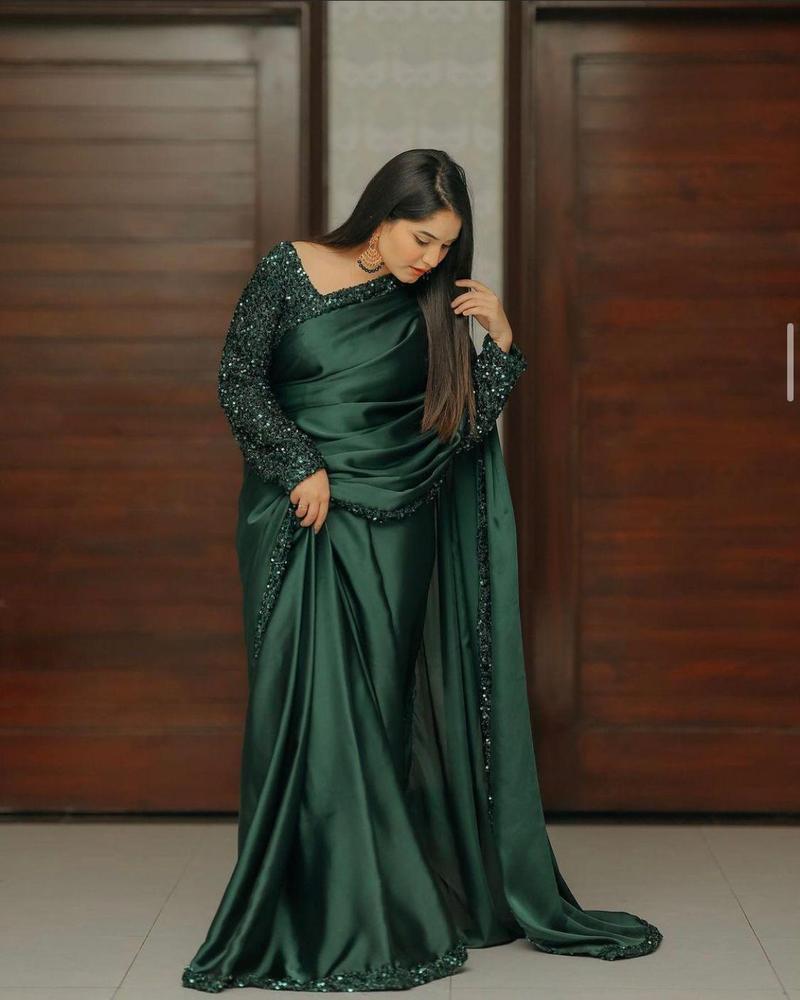 Women unsitched silk sequins embroidered fancy saree