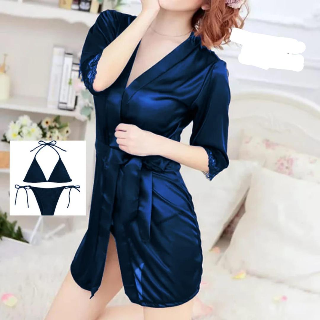 Stylish 3pcs women silk nighty suit set with v.neck robe