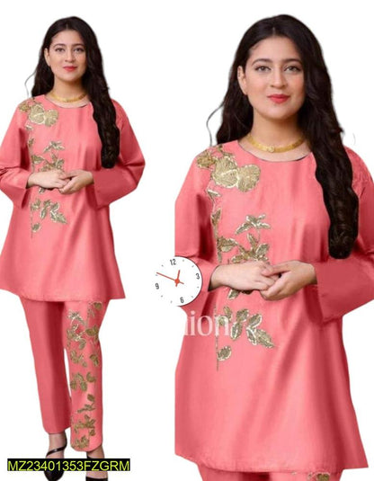 2 Pcs Women's Linen Stitched Embroidered Shirt and Trouser