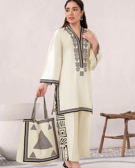 3 Pcs Women's Stitched Linen Printed Suit with Handbag