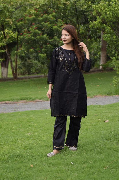 2 Pcs Women's Stitched Cotton Sequins Embroidered Shirt and Trouser