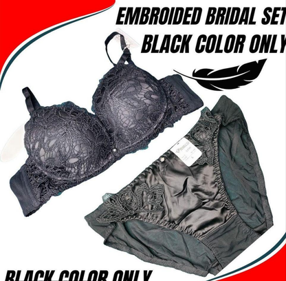 Cotton Embroidered Bridal Bra and Bikni Set Black Color