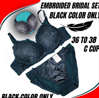 Cotton Embroidered Bridal Bra and Bikni Set Black Color