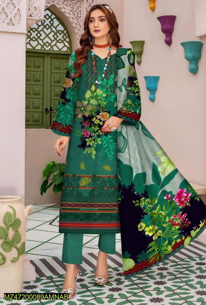 3 Pcs Women's Unstitched Marina printed Suit Amna B brand