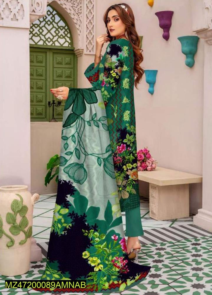 3 Pcs Women's Unstitched Marina printed Suit Amna B brand