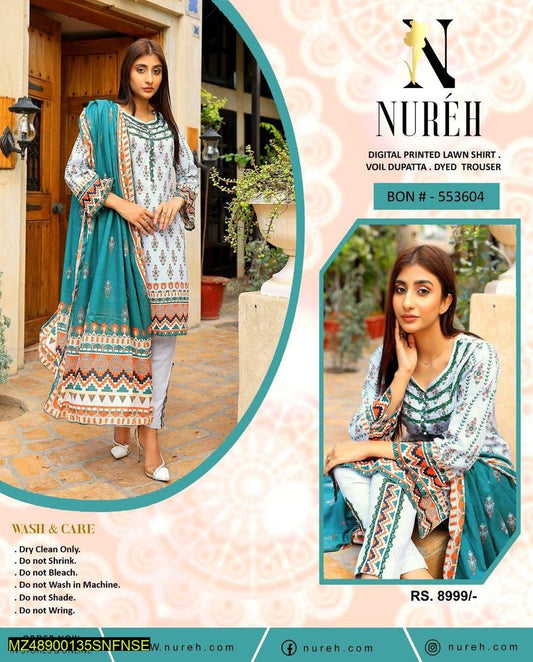 3 Pcs Women's Unstitched Lawn Printed Suit