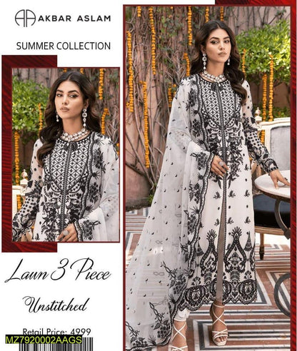 3 Pcs Women's Unstitched Lawn Embroidered Suit