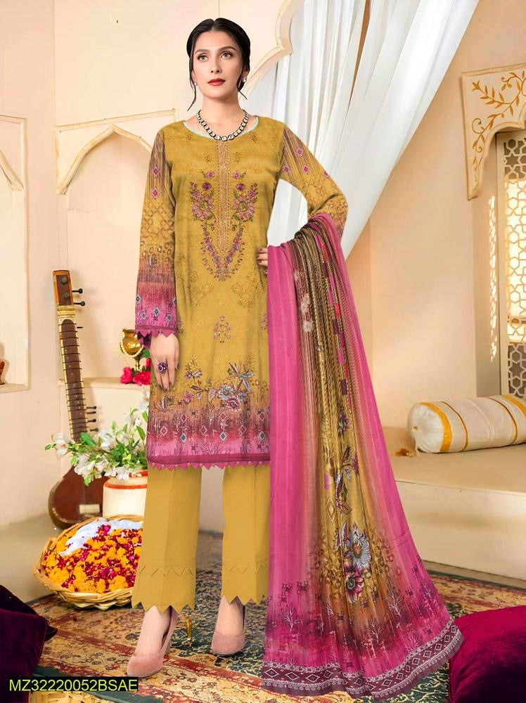 3 Pcs Women's Unstitched Lawn Embroidered Suit