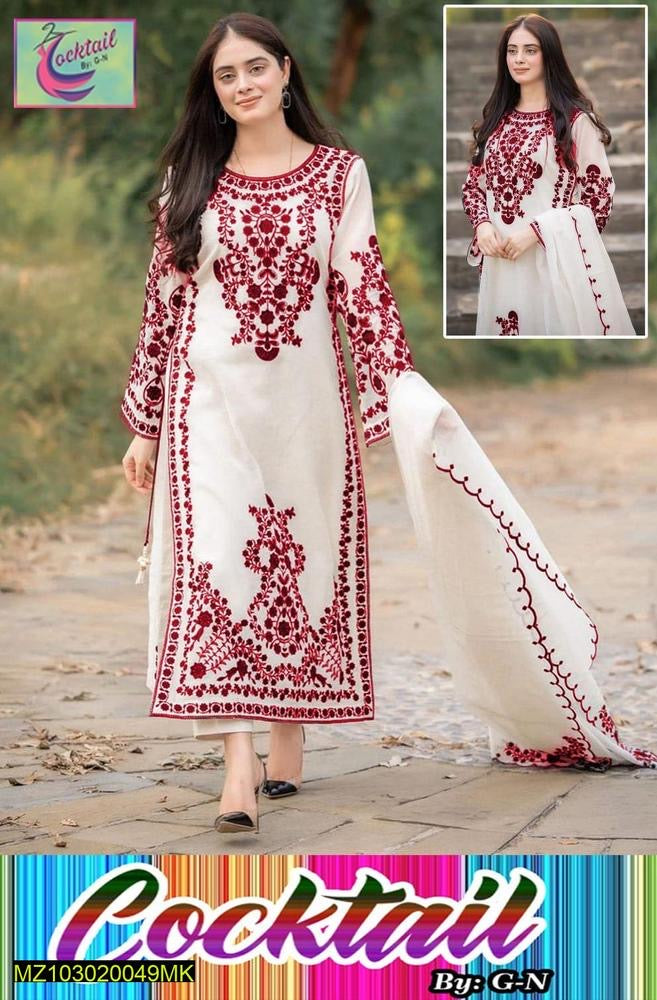 3 Pcs Women's Organza Stitched Embroidered Suit