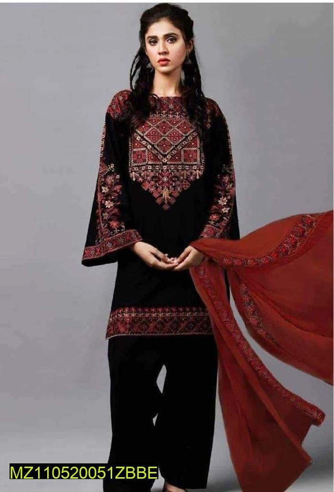 3 Pcs Women's Unstitched Lawn Embroidered Suite