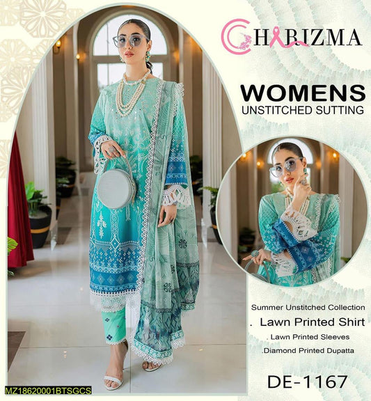 3 Pcs Women's Unstitched Lawn printed Suit