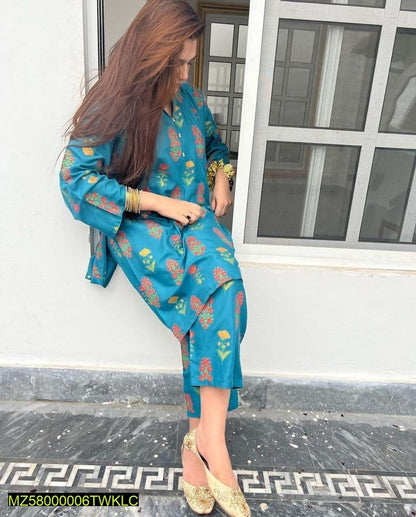 2 Pcs Women's Stitched Linen Printed Suit