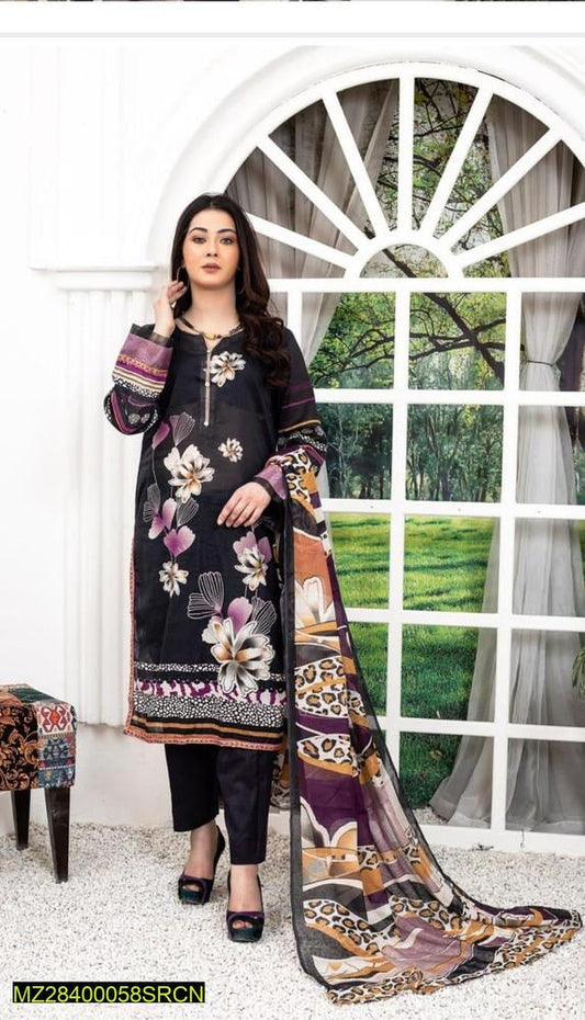 3 Pcs Women's Unstitched Lawn Digital Print Suit