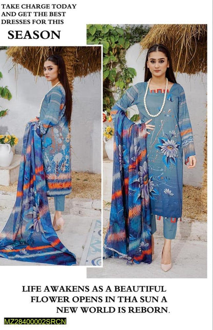 3 Pcs Women's Unstitched Lawn Digital Print Suit