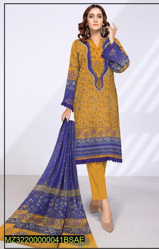 3 Pcs Women's Unstitched Lawn Printed Suit