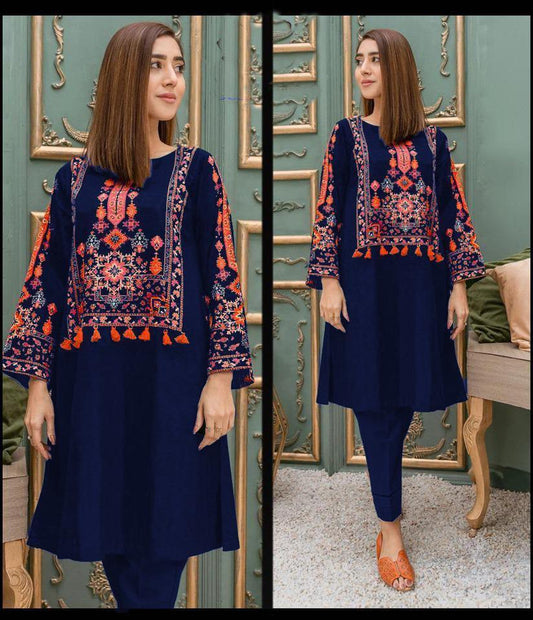 2 Pcs Women's Stitched Linen Embroidered Shirt And Trouser Blue Color