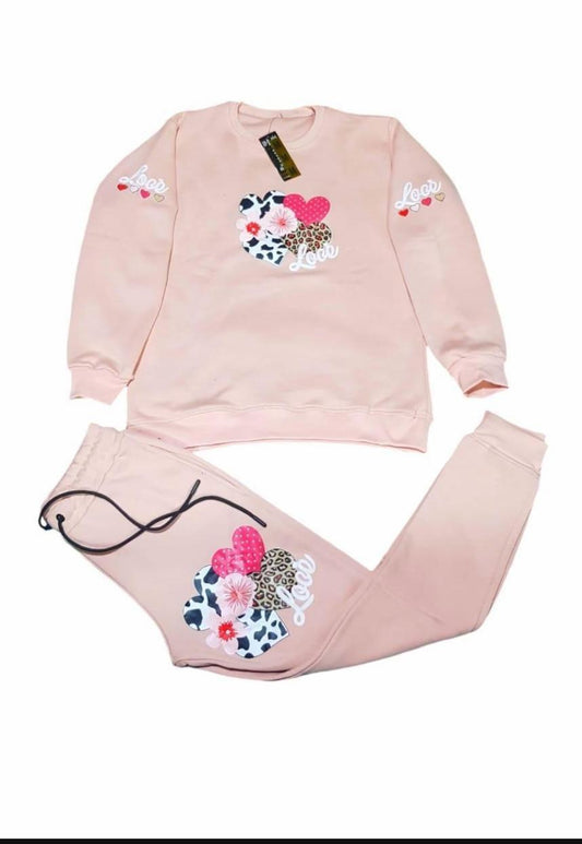 Cute Cotton Fleece Printed Tracksuit for Girls - 2 Pcs Set in Pink