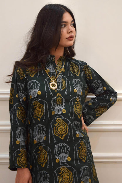 Elegant Green Printed Linen Shirt and Trouser Set for Women