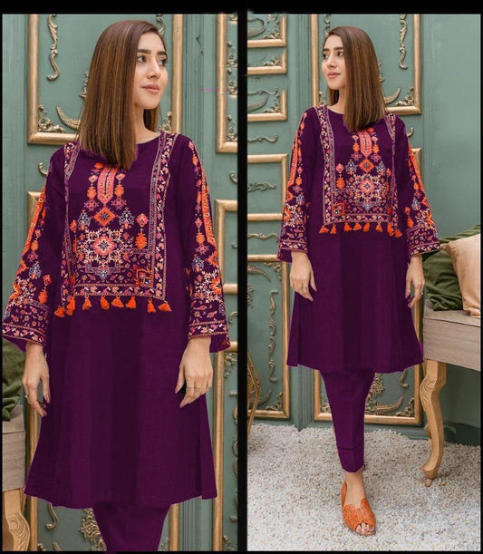 2 Pcs Women's Stitched Linen Embroidered Shirt And Trouser Purple Color